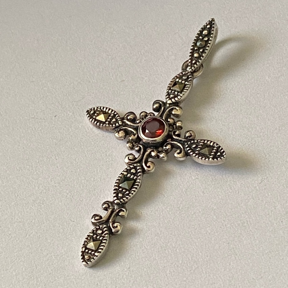 Vintage Sterling Silver Cross Pendant with Marcasites & Red Gemstone